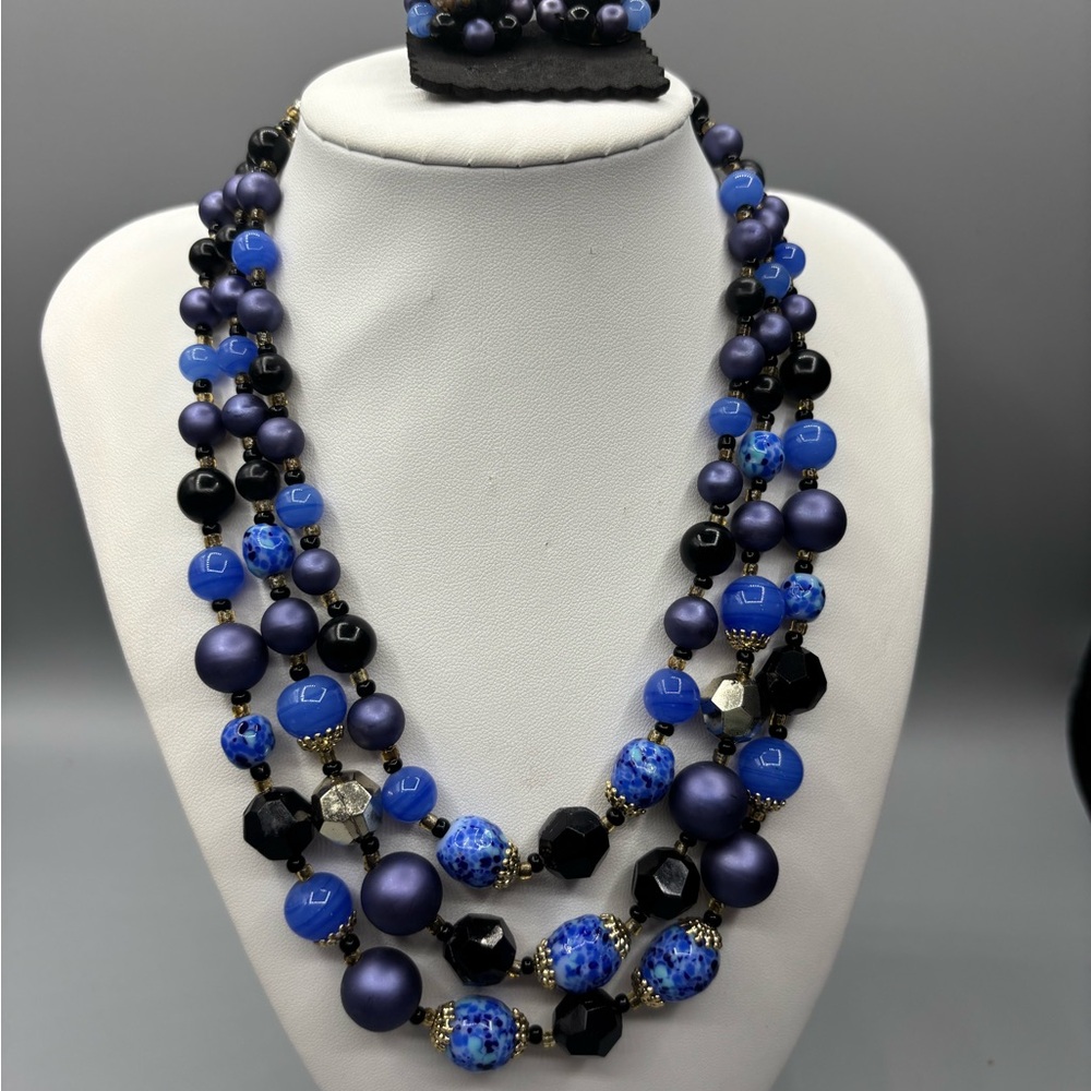 Vintage Japan Blue and Black Glass and Acrylic Beaded Necklace Set JP180